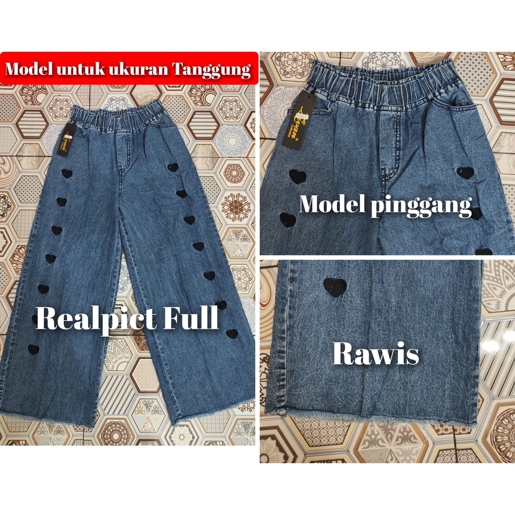 Celana Jeans / Celana Kulot Jeans Anak / Celana Kulot Jeans Bordir Love Anak-Anak Ukuran 4.5.6 M.L.XL Tanggung