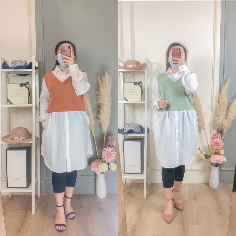 Atasan Tunik Kemeja Rompi Knit Rib Kerja Betina