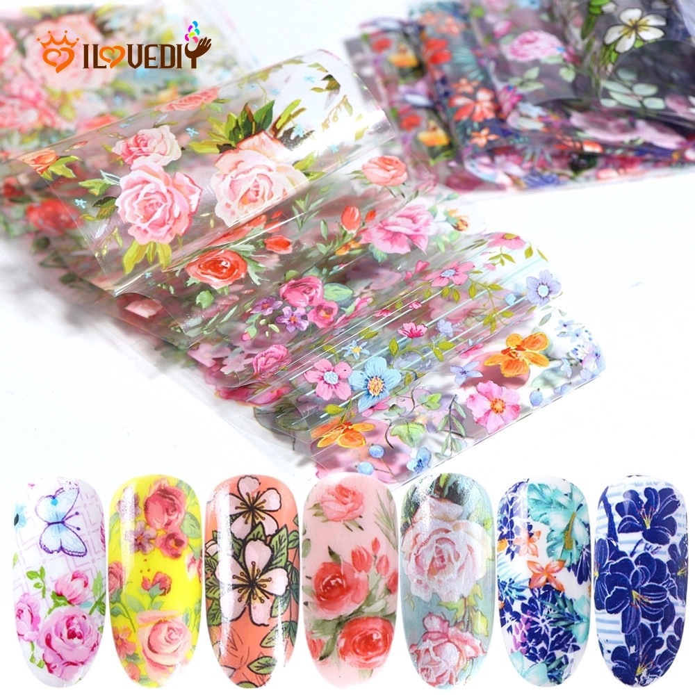 10 Lembar Stiker Kertas Foil Motif Bunga Mawar Campur Transfer Air Untuk Dekorasi Nail Art/Manicure