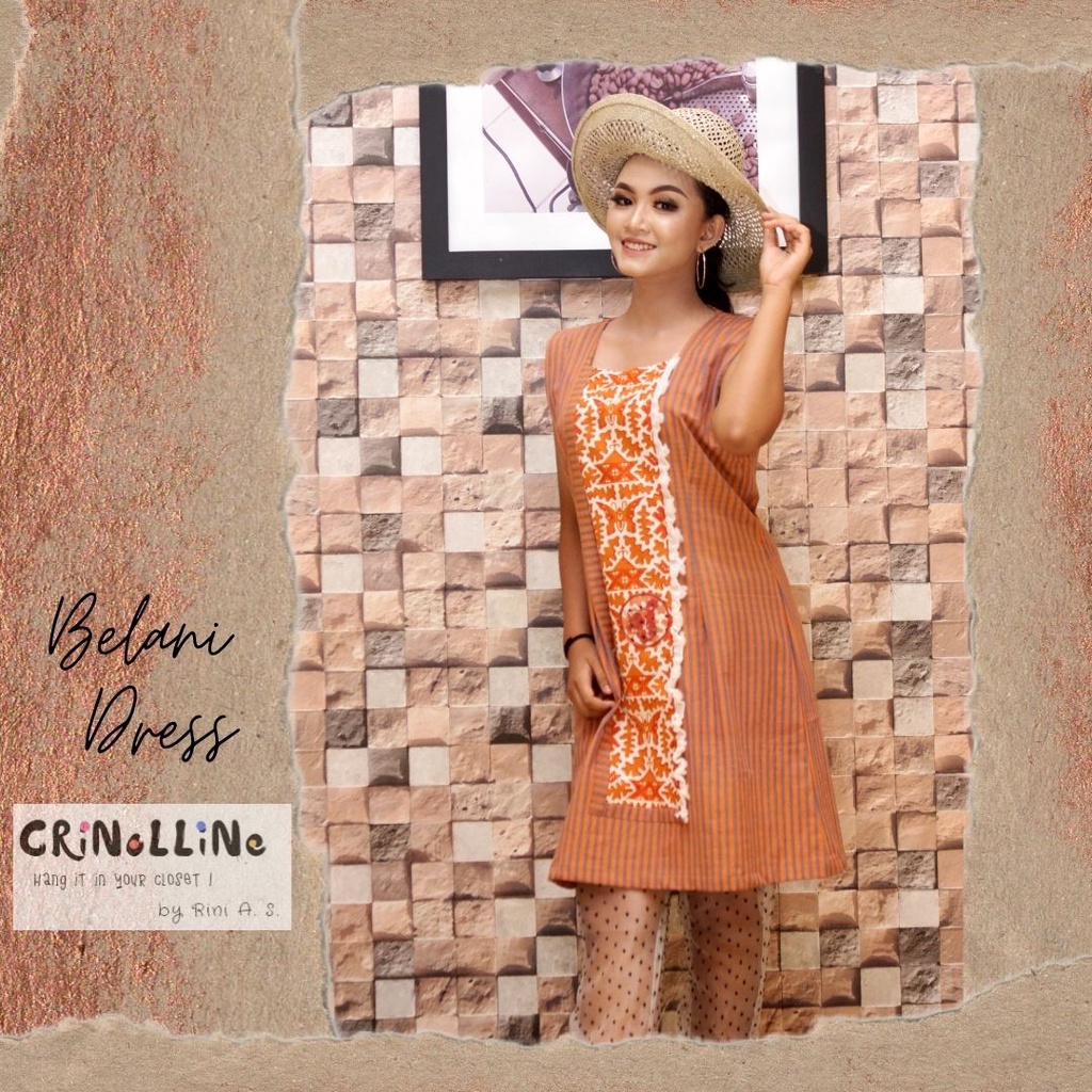 Belani dress wanita lurik warna alam salem coklat, batik ayam, dress lurik, CRINOLLINE
