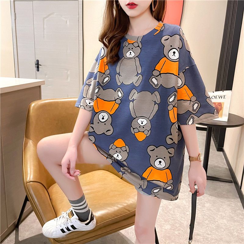 THISTLE - Oversize Tee Tshirt Wanita Model Longgar Motif Bear Topi Oren Full Print