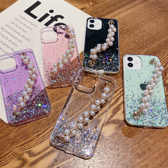 Soft Case Transparan Aksen Gelang Mutiara Berlian Untuk Iphone 11 12 Pro Max Xs X Xr 7 8 Plus 7 + 8 + Se 2020