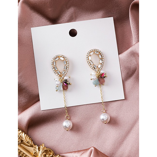 LRC Anting Tusuk Fashion Golden Pearl And Diamond Drop Fringe Earrings D71068