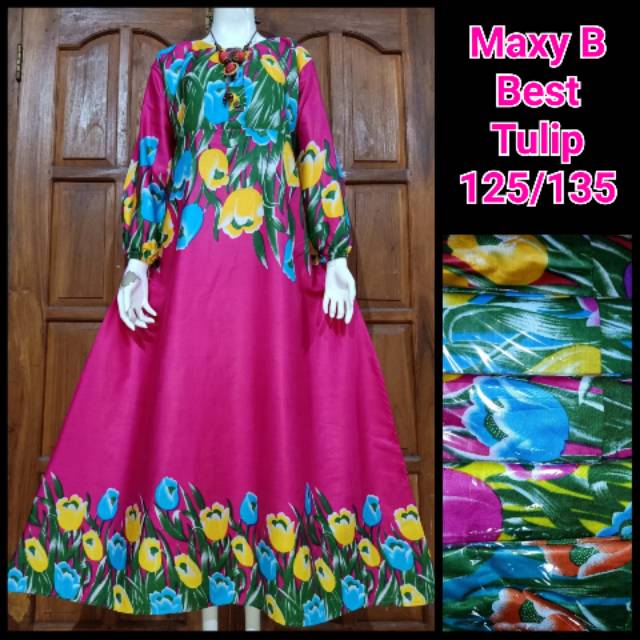 LONGDRESS JUMBO MAXY - baju santai motif tulip daster busui kekinian lengan panjang kerut payung