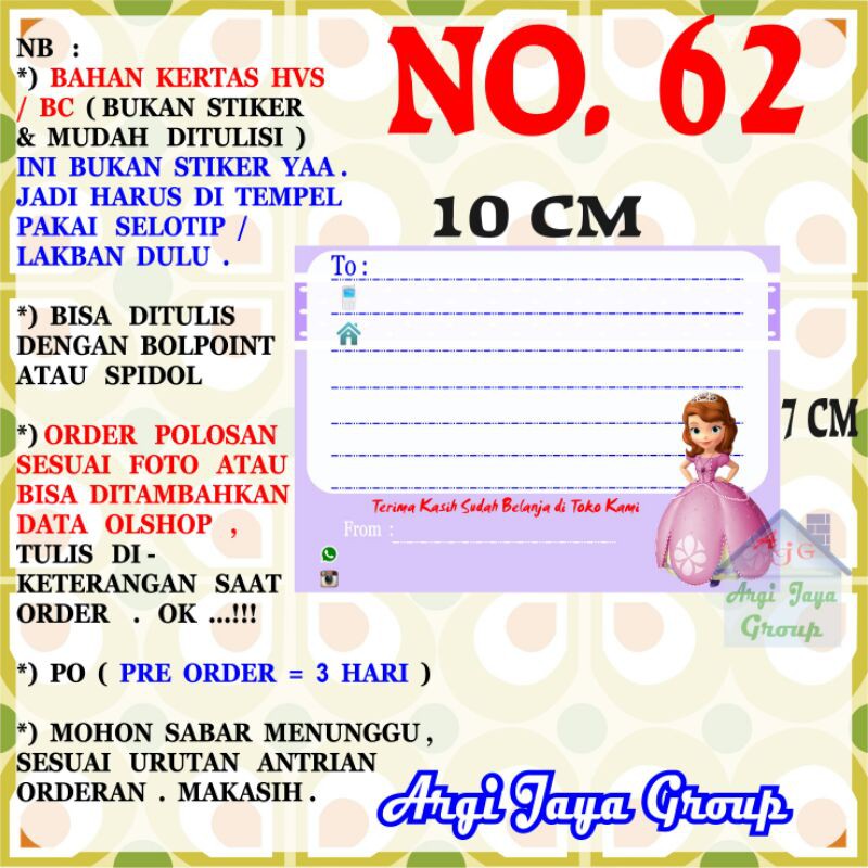 

Label Pengiriman Alamat Olshop Murah Nomer 62 - 10x7cm - Kertas BC (Manila)