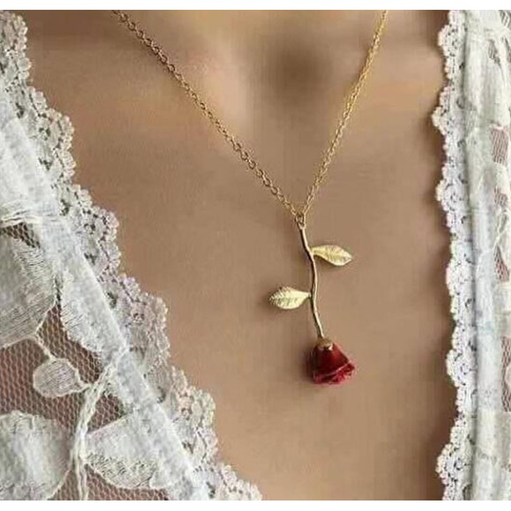 ★ODS★ FA87  Perhiasan Kalung Wanita Model Bunga Mawar  Merah untuk Hadiah Valentine