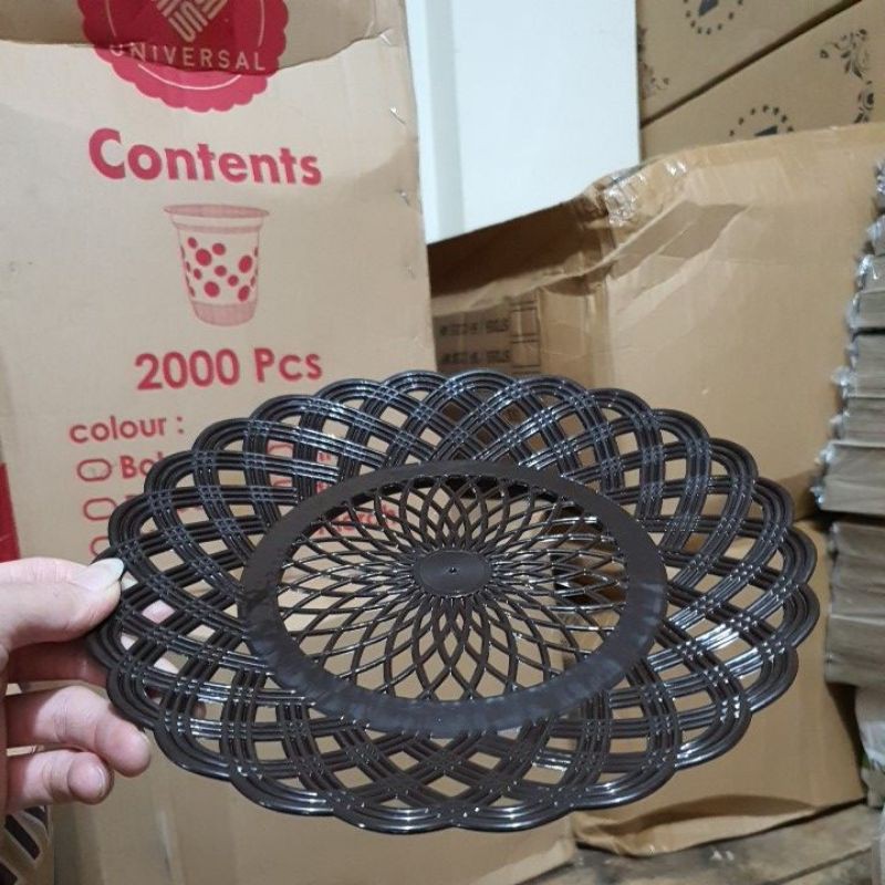 Piring Rotan Plastik Bulat Piring Lidi TEBAL ISI 1 LUSIN-hitam