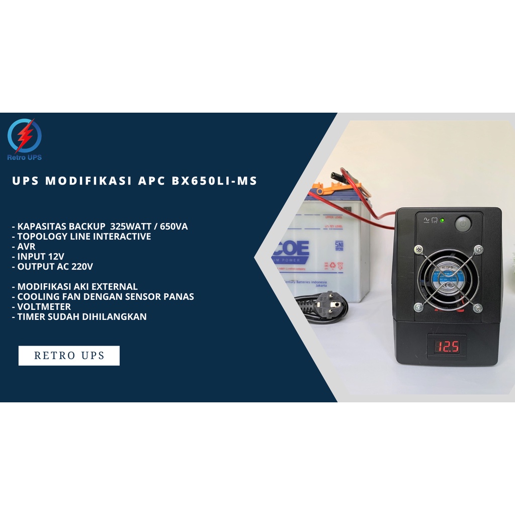 UPS Modifikasi APC BX650Li 650Va 325Watt 12V dengan FAN dan Sensor Suhu Bisa AKI 7 sd 200Ah