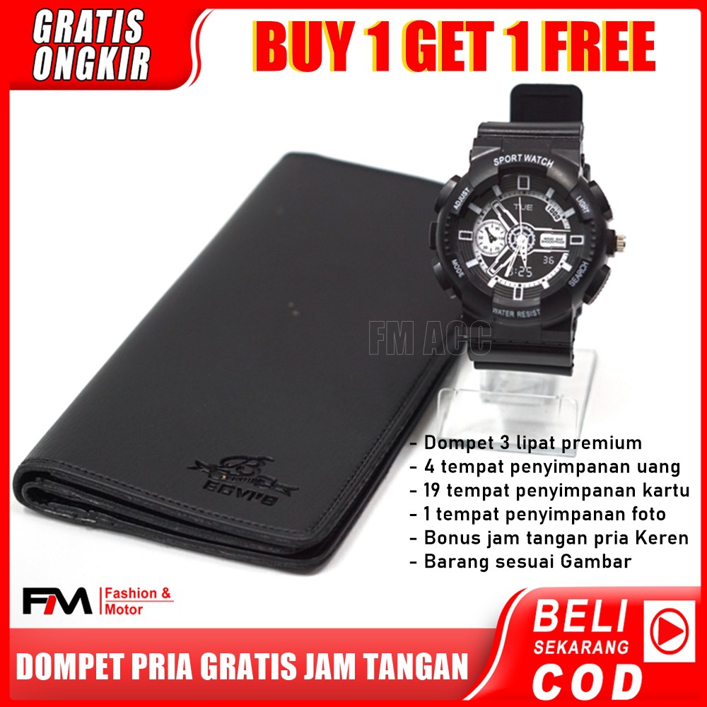 Dompet Pria Kulit Sintesis Model Panjang GRATIS Jam Tangan Kekinian Pas Di Tangan - Hitam