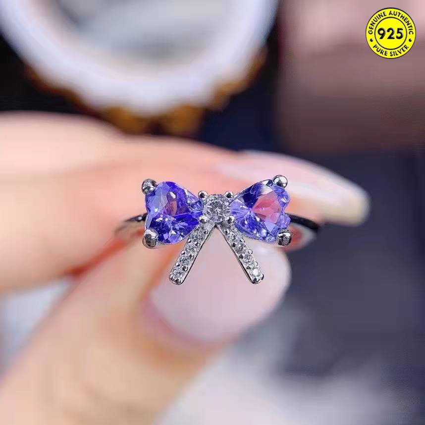 Cincin Model Terbuka Desain Pita Hias Batu Permata Tanzanite Alami Untuk Wanita