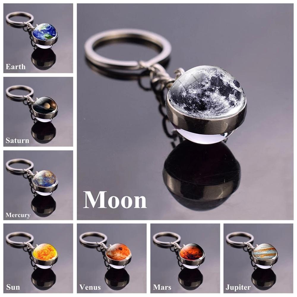 QUINTON Planet Keyring Hadiah Ulang Tahun Matahari Double Side Galaxy Moon Glass Ball Luminous