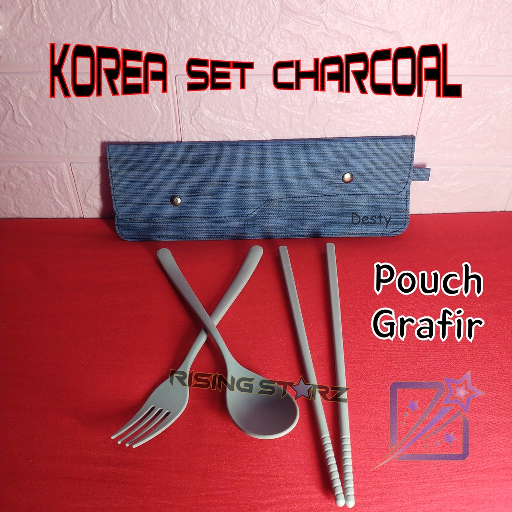 sendok set korea sumpit garpu korea gandum pouch elegant grafir