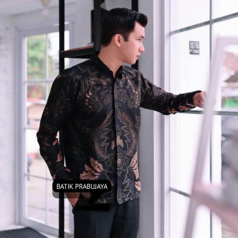 MAHKOTA Batik Pria Modern Premium Full Furing Lengan Panjang Solo - Baju Batik Pria Hitam Seragam Kerja Kantor