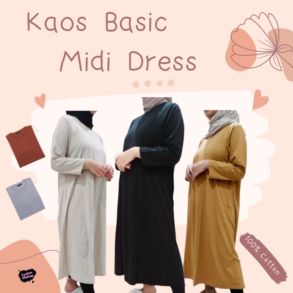 [CYC | COD] REALPICT | Kaos Basic Midi Dress | Cotton Combed 30s Wanita Long Tunik Trend Wanita Murah Best Seller