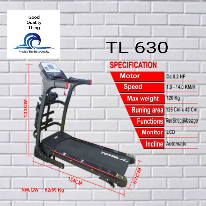 Jual Treadmill Listrik Motor 2 Hp Auto Incline Tl 630 Treadmill