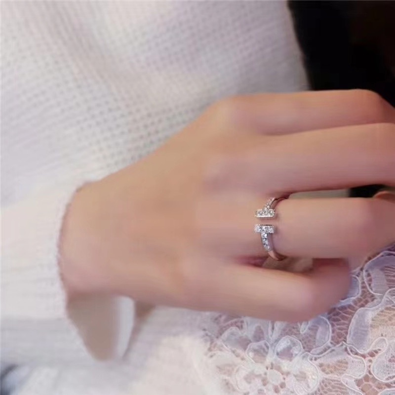 Cincin Model Terbuka Desain T Ganda Hias Berlian 18K Gaya Koreavintage Untuk Wanita