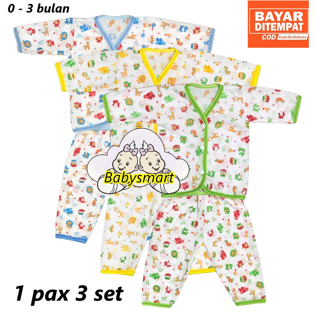 Babysmart - 3 SET Setelan Baju Bayi Panjang+Celana Panjang Motif TABUR umur 0-3 bulan/baju anak laki-laki/perempuan