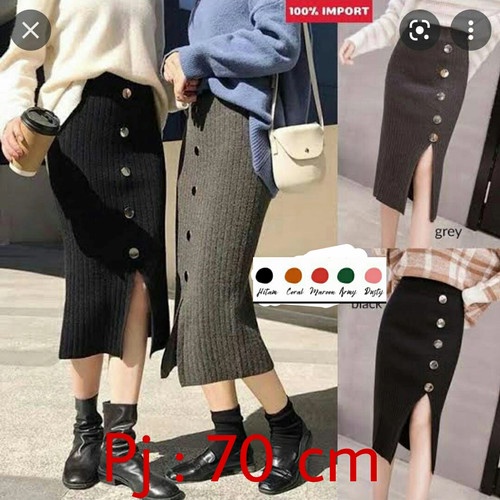 Rok Rajut Span Kancing Premium - Rok Rajut Premium - Rok Rajut Belah - Rok Span Rajut