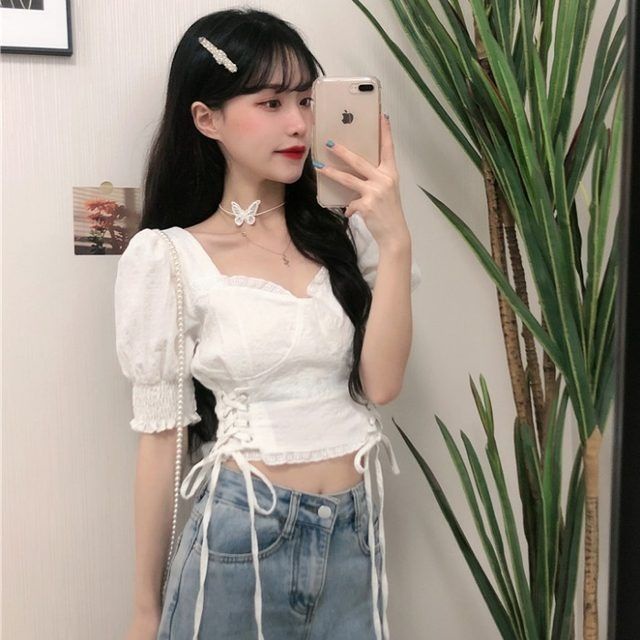 Shifon blus Serut crop top wanita renda crochet puff lengan kemeja pendek