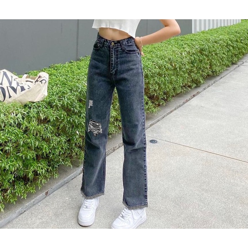 HOPYLOVY Celana Loose Jeans Wanita Boyfriend High Waist Jeans Sobek Furing Rawis Danira