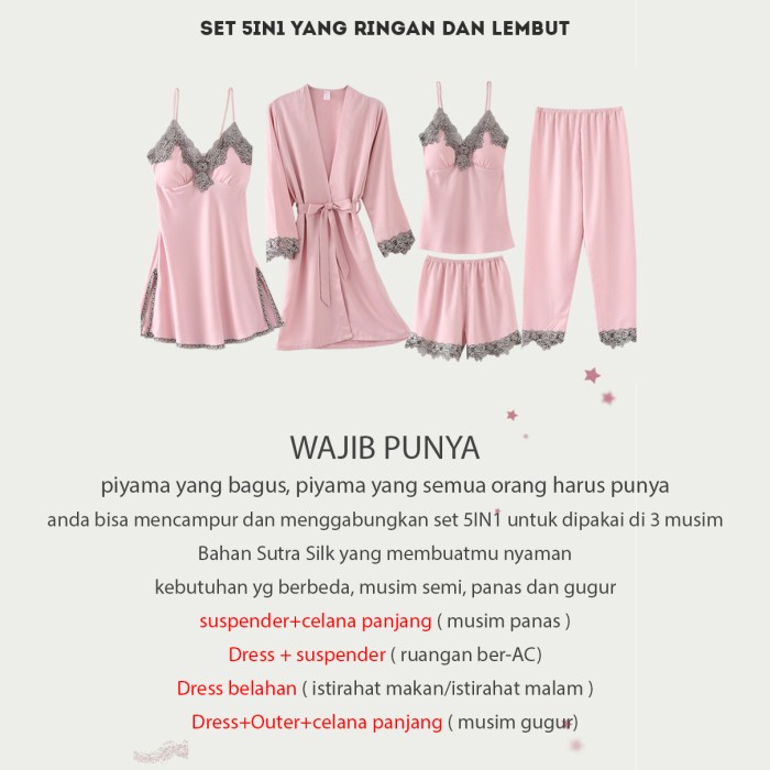 CJSW-5IN1 TINO TINO SET PIYAMA SILK KIMONO 5IN1 PREMIUM/BAJU TIDUR WANITA 5IN1