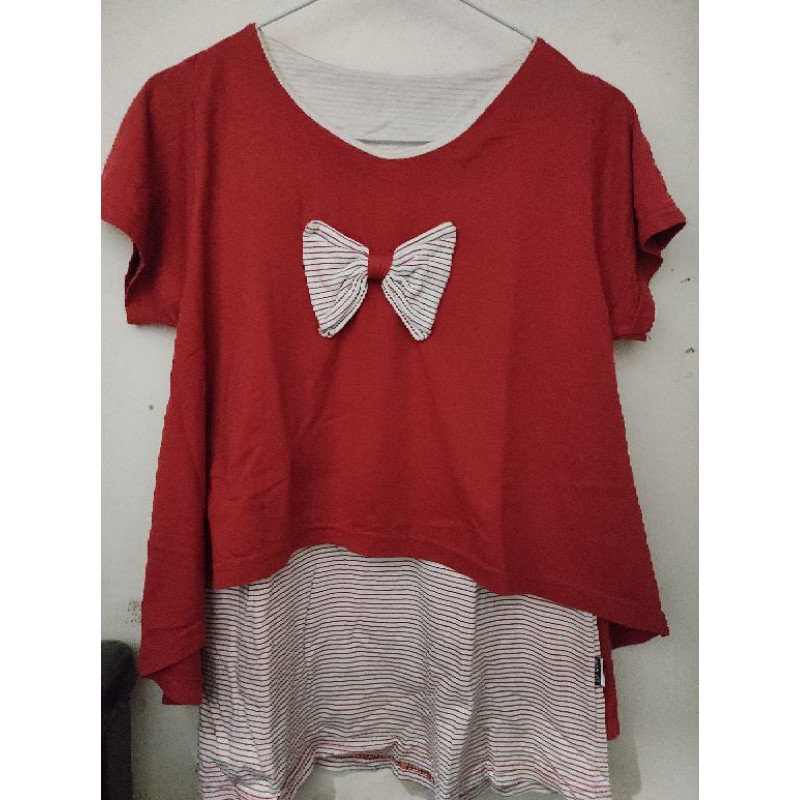Preloved baju atasan wanita pita double layer tumpuk warna bata