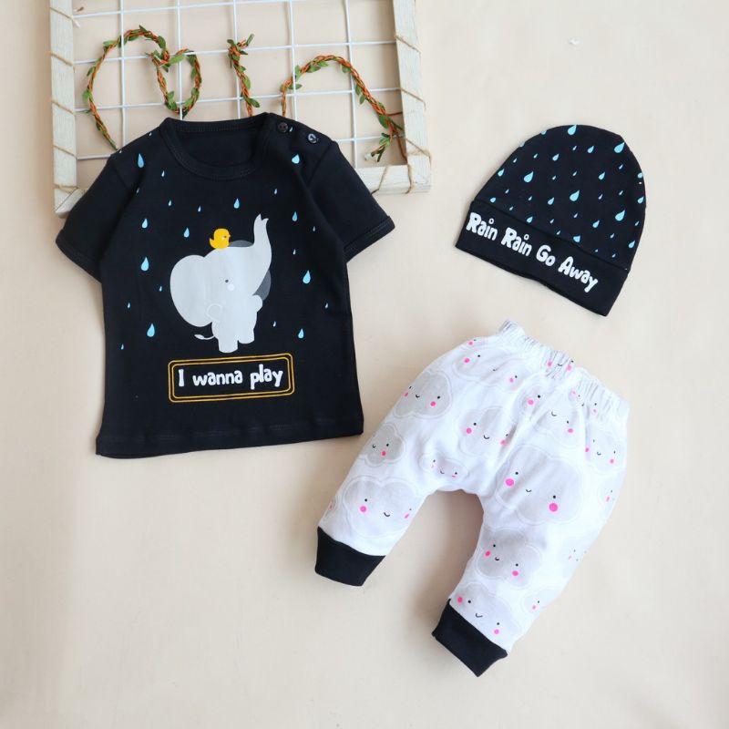 Setelan Baju Anak Bayi Set Topi Wanna play Bahan katun Adem Size 6-18 bulan