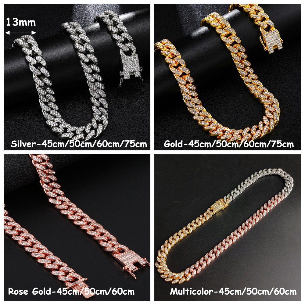 Kalung Rantai Berlian Imitasi Model Lebar 12mm Gaya Hip Hop Untuk Pria Dan Wanita