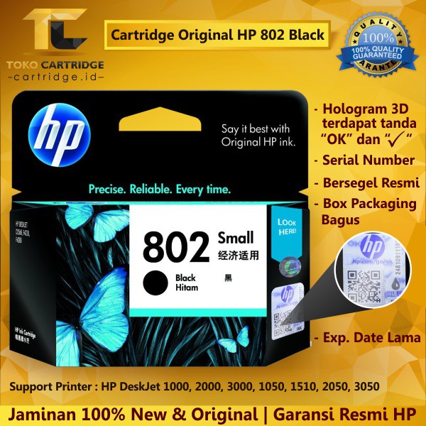 Catridge Tinta HP 802 Black Original Ink Cartridge CH561ZZ Katrid Tinta Printer Hitam J410a J510a