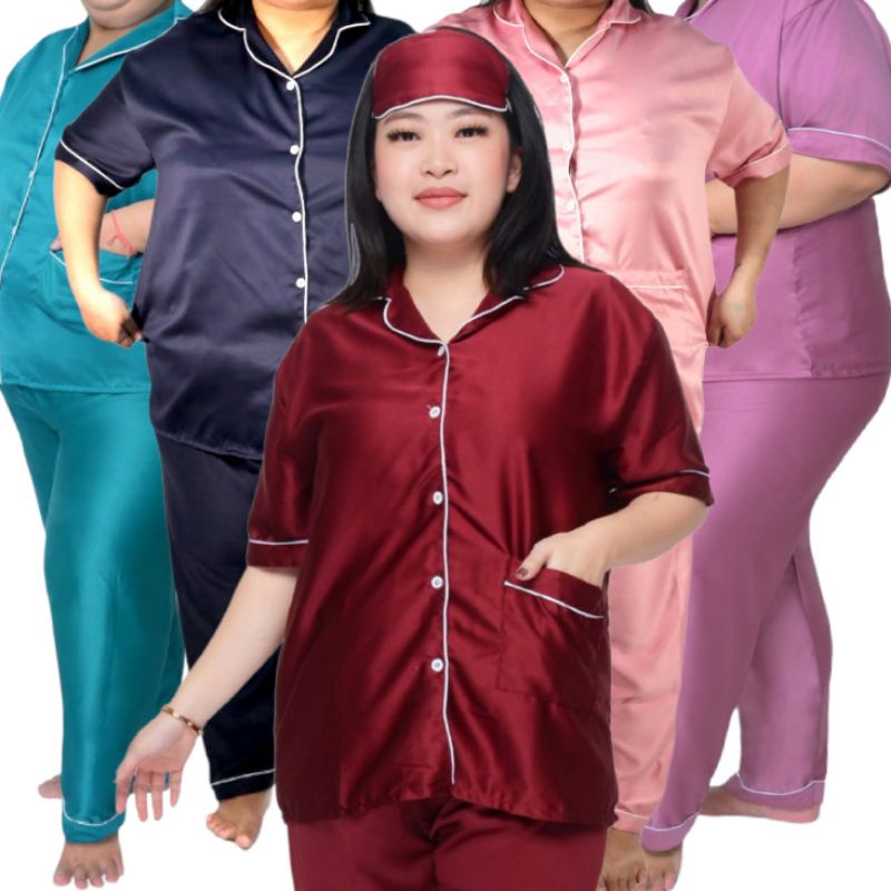 PAJAMAS SATIN JUMBO CELANA PANJANG WANITA LD 130 SET BAJU TIDUR LENGAN PENDEK