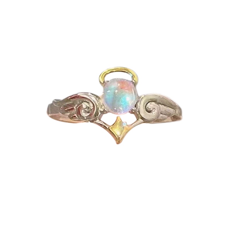 Cincin Model Terbuka Adjustable Desain Angel Devil Moonstone Warna Silver Untuk Pria Dan Wanita