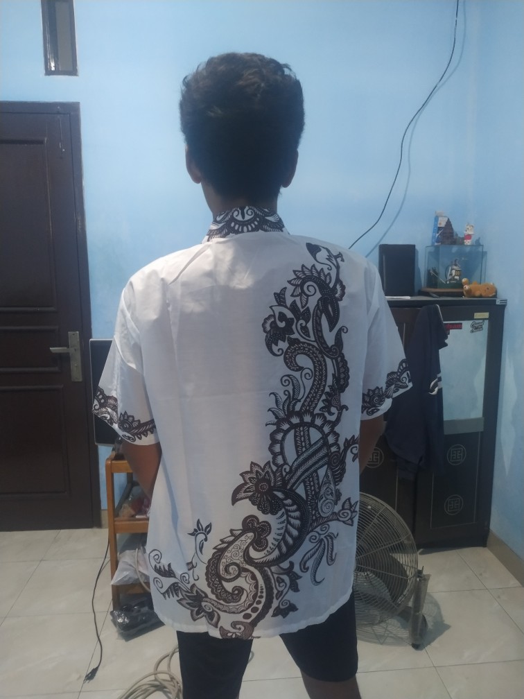 3034 Kemeja Batik Pria Warna Putih Batik Cap Khas Pekalongan Murah Hem Seragam Putih Bersih
