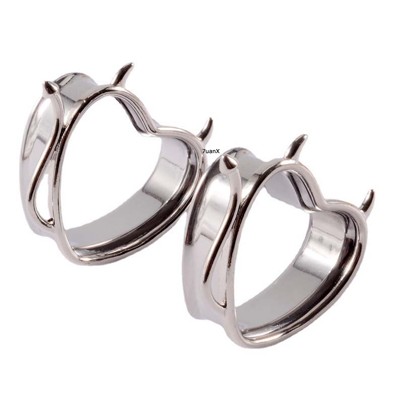 2pc Anting Tindik Bentuk Hati Devil Double Flare Bahan Stainless Steel Ukuran 8-25mm