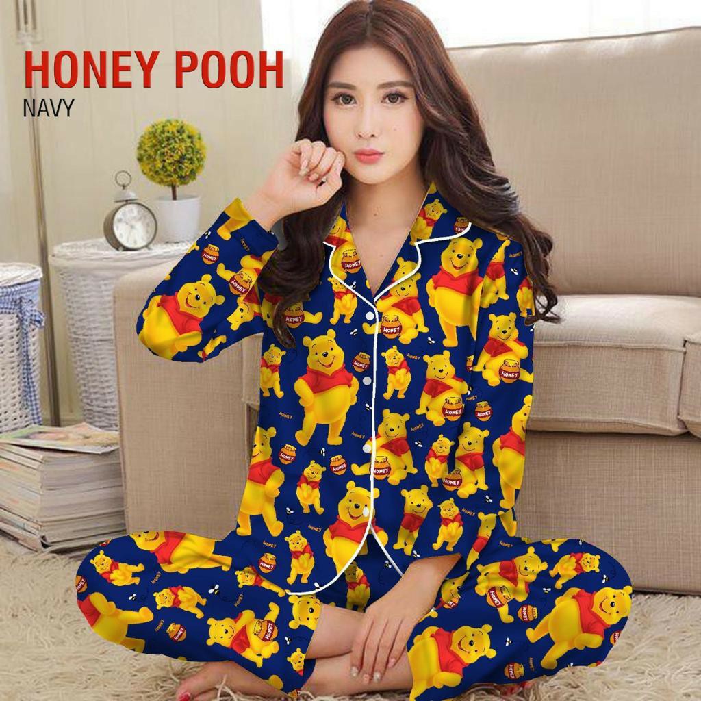 BJ-Piyama PP XXL Wanita Dewasa Murah - Baju Tidur Lengan Panjang-Pooh Honey Navy