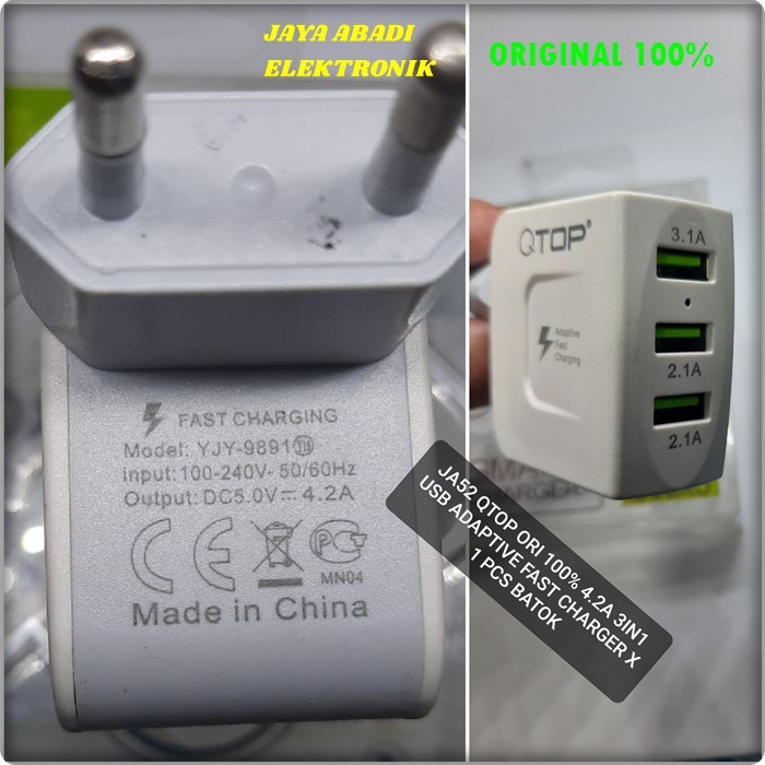 J52 ORIGINAL QTOP KEPALA BATOK 4.2A USB SUPER FAST CHARGING FLASH CAS CASAN ADAPTOR TRAVER ADAPTER CEPAT CHARGE ANDRPIT ANDROIT HANDPHONE ADAPTER TC QC QUALLCOMM UNIVERSAL MULTI ORIGINAL BISA CAS 3 HANDPHONE SEKALIGUS JADI LEBIH PRAKTIS DAN EFESIEN