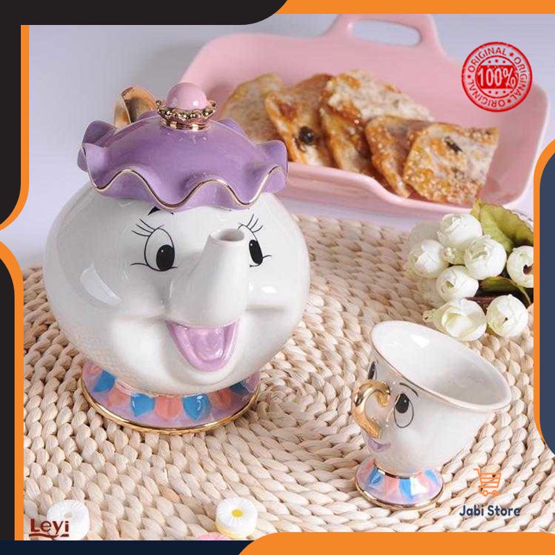 Teko Teh Kopi Kaca Keramik Ceret 1 Set Gelas Cangkir Air Minum Leher Angsa Beauty And The Beast Unik