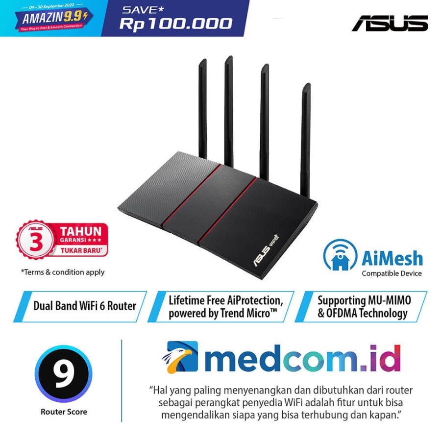 ASUS RT-AX55 AX1800 Dual Band WiFi 6 Wireless Router with AiMesh Promo !!!