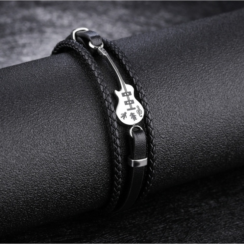 Gelang Tangan Pria Bahan Kulit Model Kepang Aksen Gitar Gaya Punk Hip Hop Casual Untuk Pesta