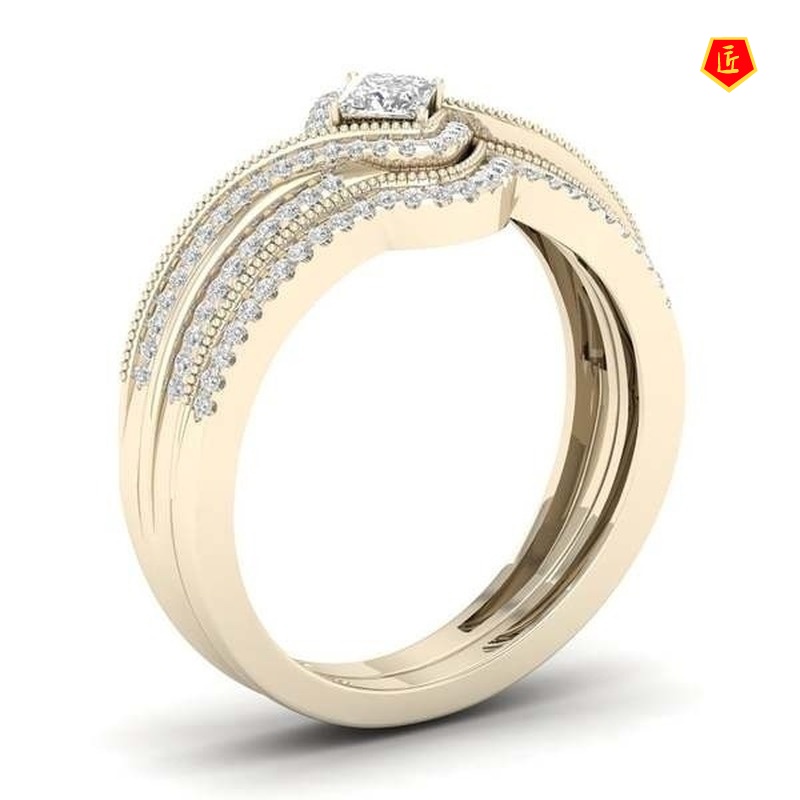 [Ready Stock]Luxury Micro-Inlaid Square Diamond Ring Set