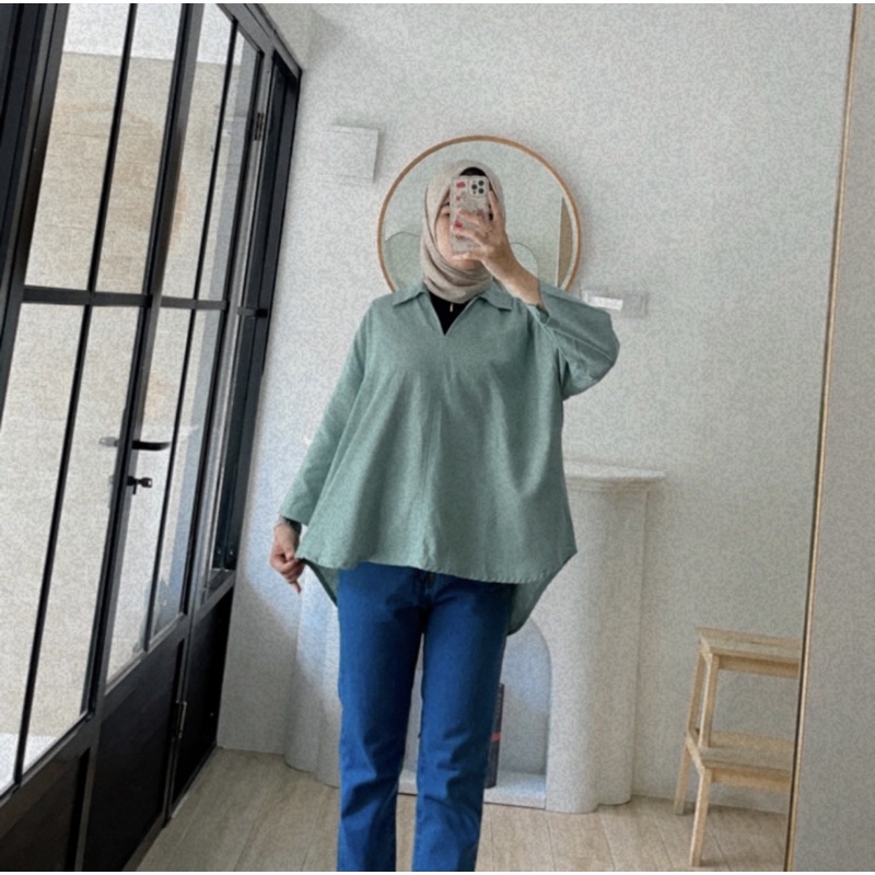 Tq88indonesia Fashion Baju Atasan Wanita Terbaru /  VINCI LINEN OVERSIZE SHIRT / Blouse / Blus Polos Lengan Panjang / Busana Santai Cewek / Ootd / Outfit Kasual