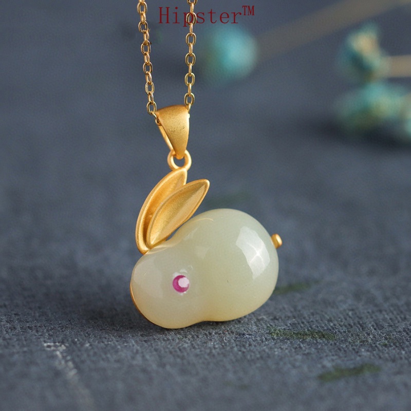 Set Natural Hetian Jade Ring Love Bunny Necklace Ear Stud Pendant