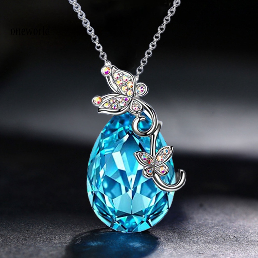 |Onwo Dress Mini Lengan Pendek Untuk Wanita| Kalung Rantai Desain Butterfly Waterdrop Aksen Kristal Imitasi Warna Biru Bahan Silver Plated Untuk Wanita