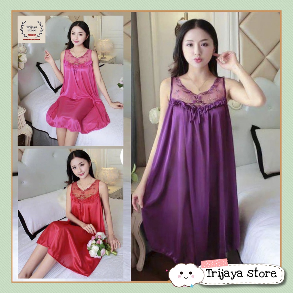 Trijaya . lingerie dress satin renda import / dress baju tidur wanita sexy brukat bunga fit XL