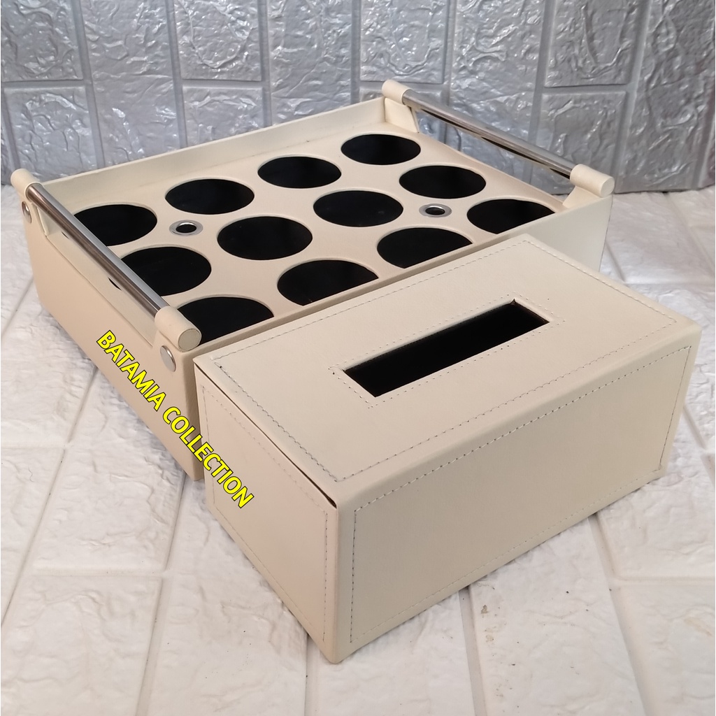 Tempat Aqua Gelas Isi 12 Cup + Kotak Tissue Wadah Tisu Kulit Sintetis Keranjang Air Mineral Gelas Te