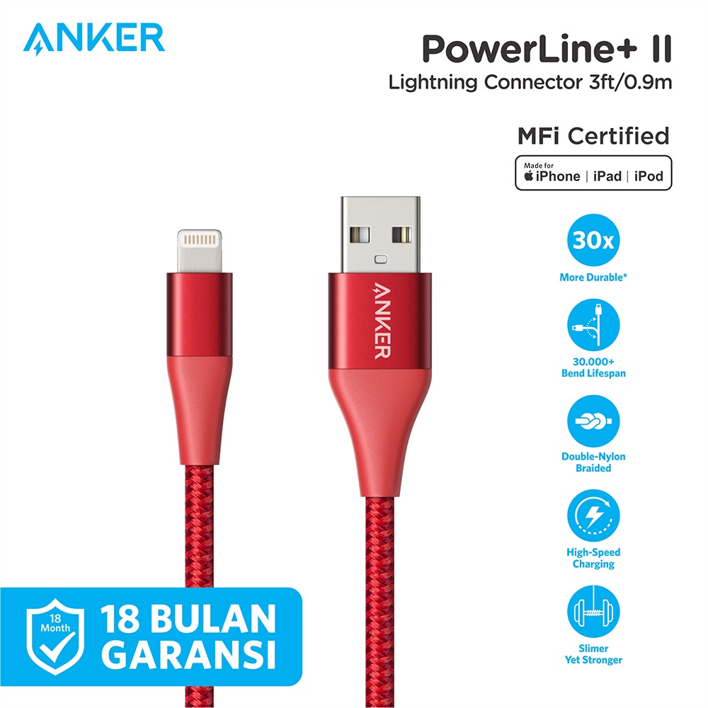 Kabel Charger Anker PowerLine + II 3ft Lightning - A8452 - Merah