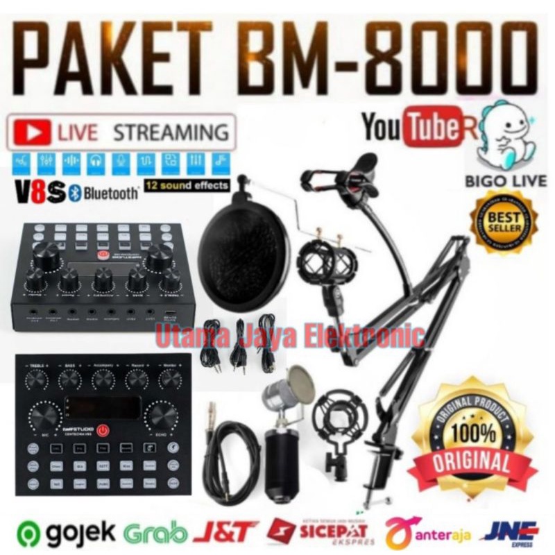 Paket Komplit Microphone BM8000 Soundcard V8S Stand Phone Holder Pop Filter