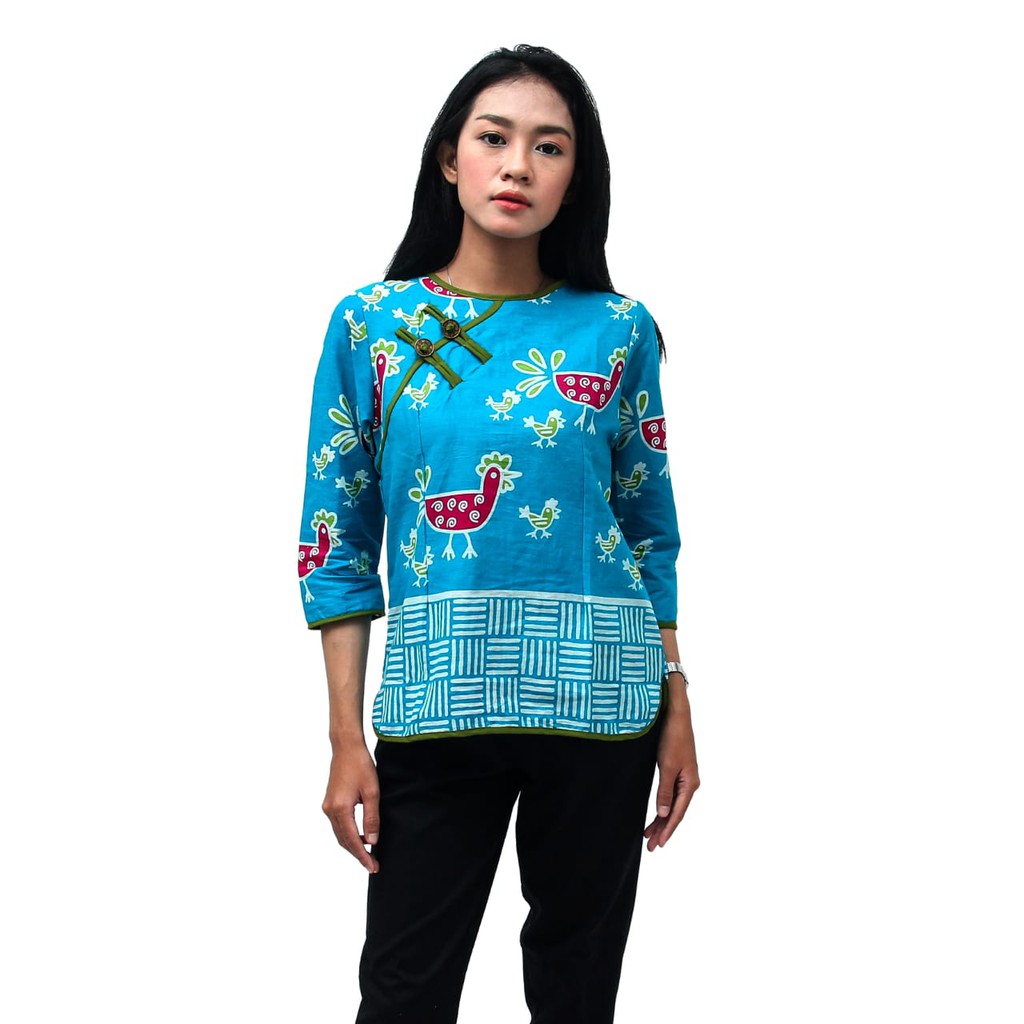 Blouse Batik Wanita Atasan Motif Ayam Warna tosca  Size  S-M-L-XL-XXL-3L-4L-5L-