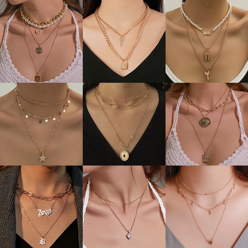 [ACKER] Fashion Multilayer Bulan Bintang Liontin Kalung Pribadi Wanita Gadis Emas Kalung Kalung Perhiasan Aksesoris Pesta