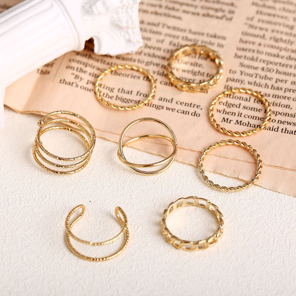 Needway  Female Punk Twisted Vintage Gold Sliver Color Finger Rings Set