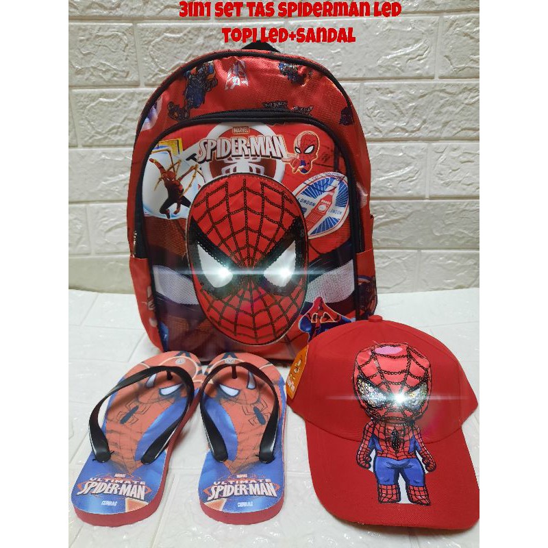 3in1 tas spiderman led tas sekolah anak tk paud+topi led+sandal